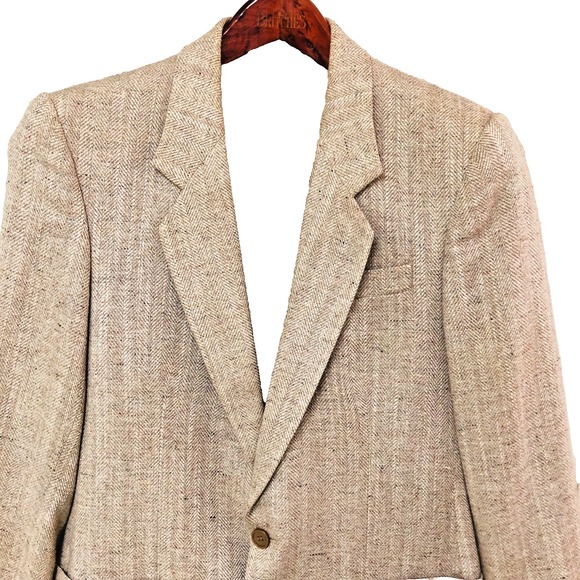 Ruperts Paris London Mens 40R Blazer Sports Coat Herringbone Tweed Beige Preppy